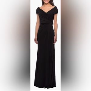 La Femme Black Ruched Jersey Column Gown Size 16 NWT